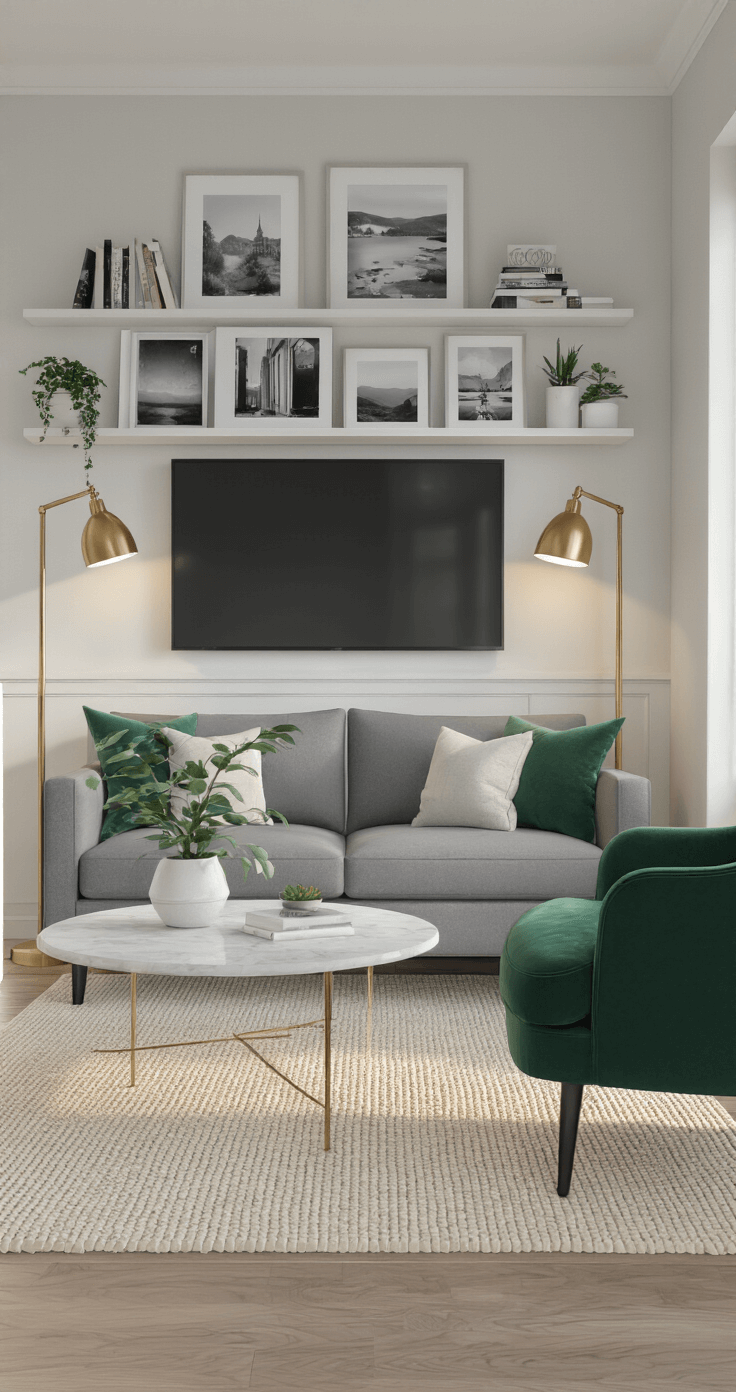 A cozy Bloxburg living room with a gray sofa, brass floor lamps, marble coffee table, and emerald green velvet armchair, illuminated by soft afternoon light and decorated with black and white photographs, books, and plants.