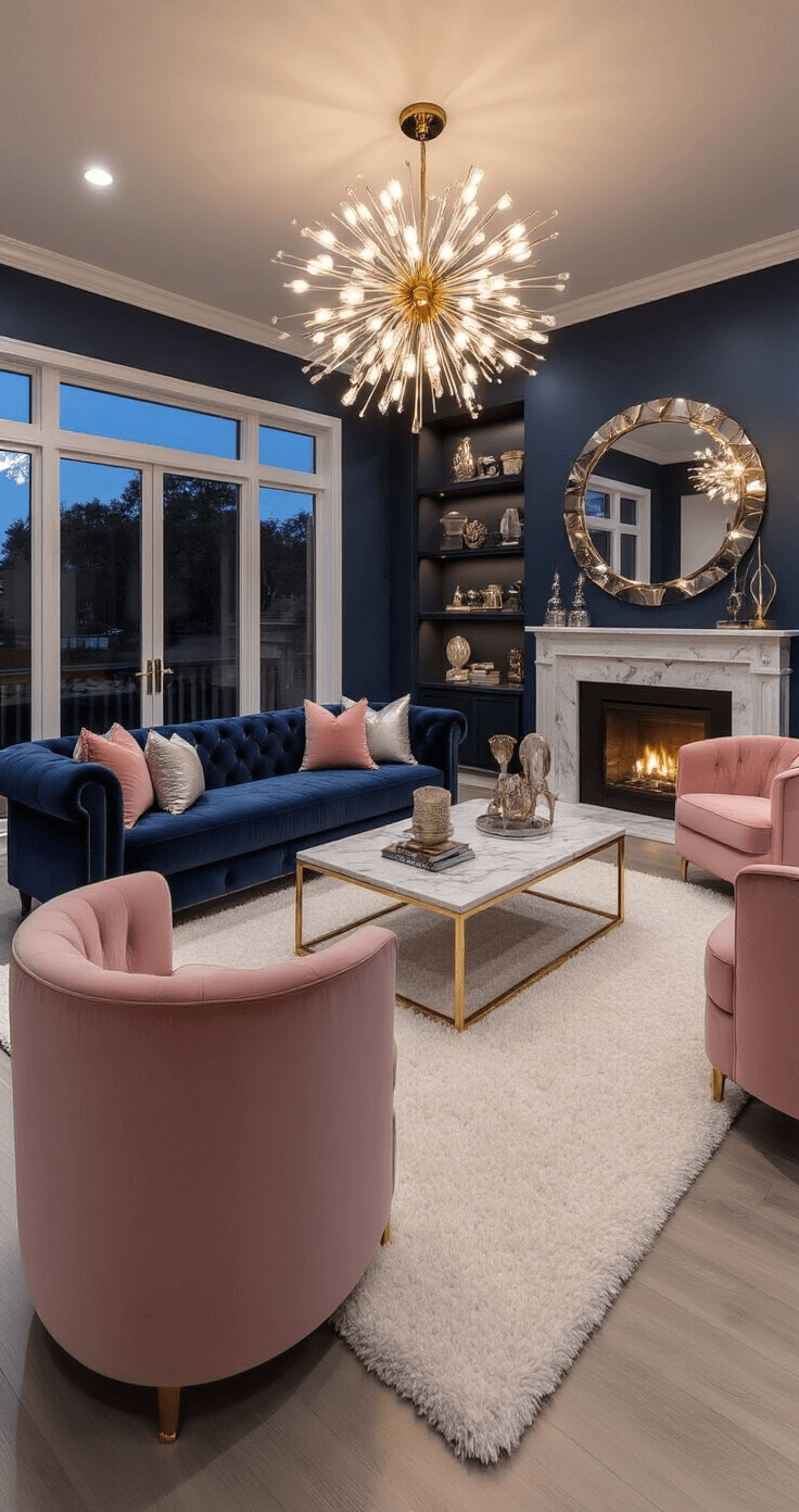 A luxurious modern living room in Bloxburg at twilight, featuring a deep navy velvet tufted sofa, a marble fireplace with built-in shelving, a glass and gold coffee table on a white shag rug, and blush pink barrel chairs, all illuminated by recessed lighting and a Sputnik chandelier, with art deco mirrors and metallic sculptures enhancing the opulence.