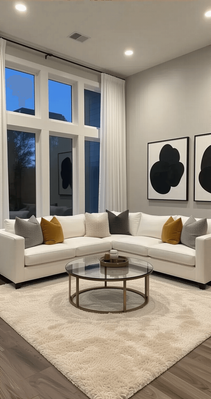 An elegantly styled open-concept living area featuring a white L-shaped sofa with textured gray and mustard yellow throw pillows, a round glass coffee table on a plush cream rug, and abstract black and white art on pale gray walls, all illuminated by recessed lighting at dusk.