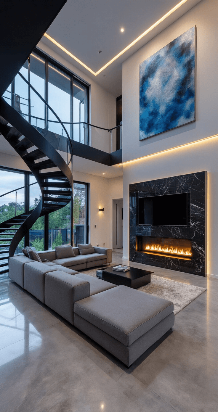A modern living space with double-height ceilings, featuring a spiral staircase, modular gray sofa, wall-mounted fireplace, and abstract artwork, illuminated by LED lighting in the evening.