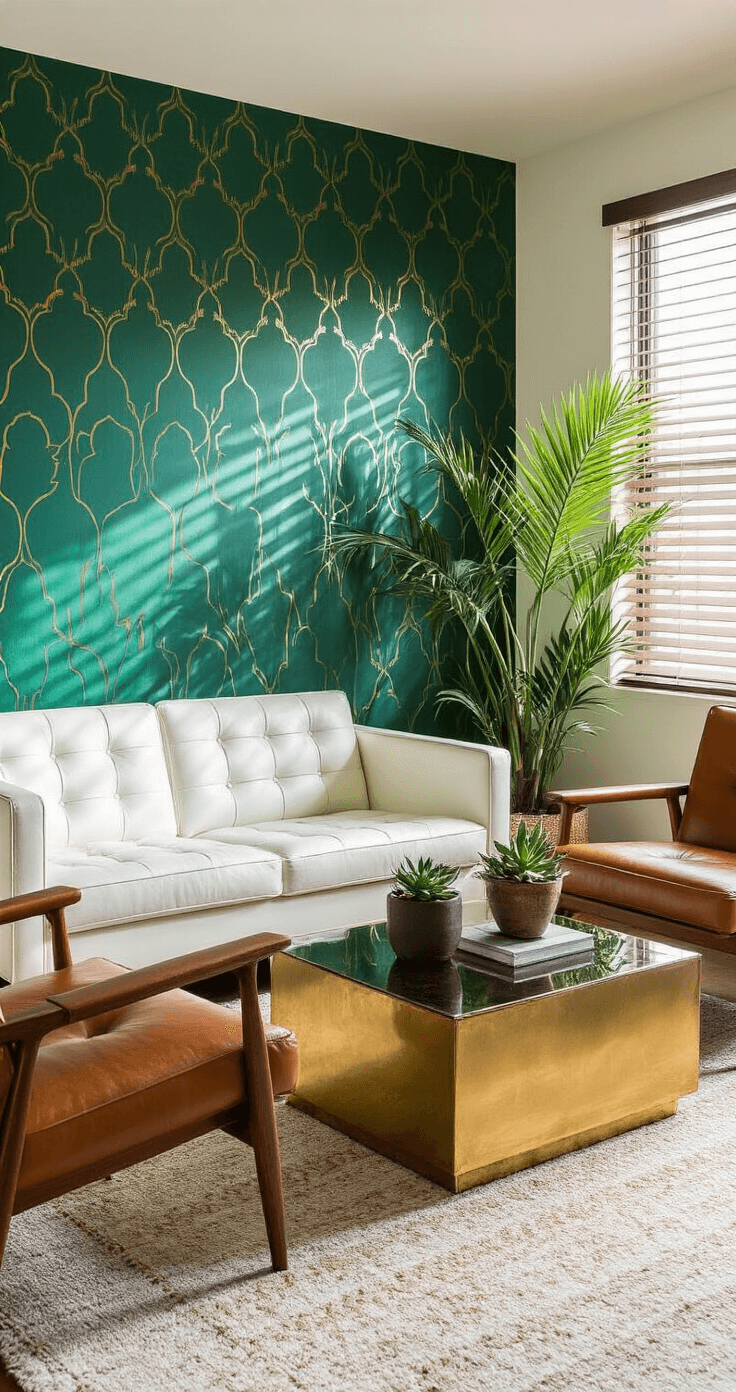 A vibrant compact living room featuring emerald green geometric wallpaper, a white leather loveseat, cognac leather mid-century chairs, and a brass smoked glass coffee table, with potted succulents and an oversized palm, illuminated by afternoon sunlight filtering through slatted blinds.