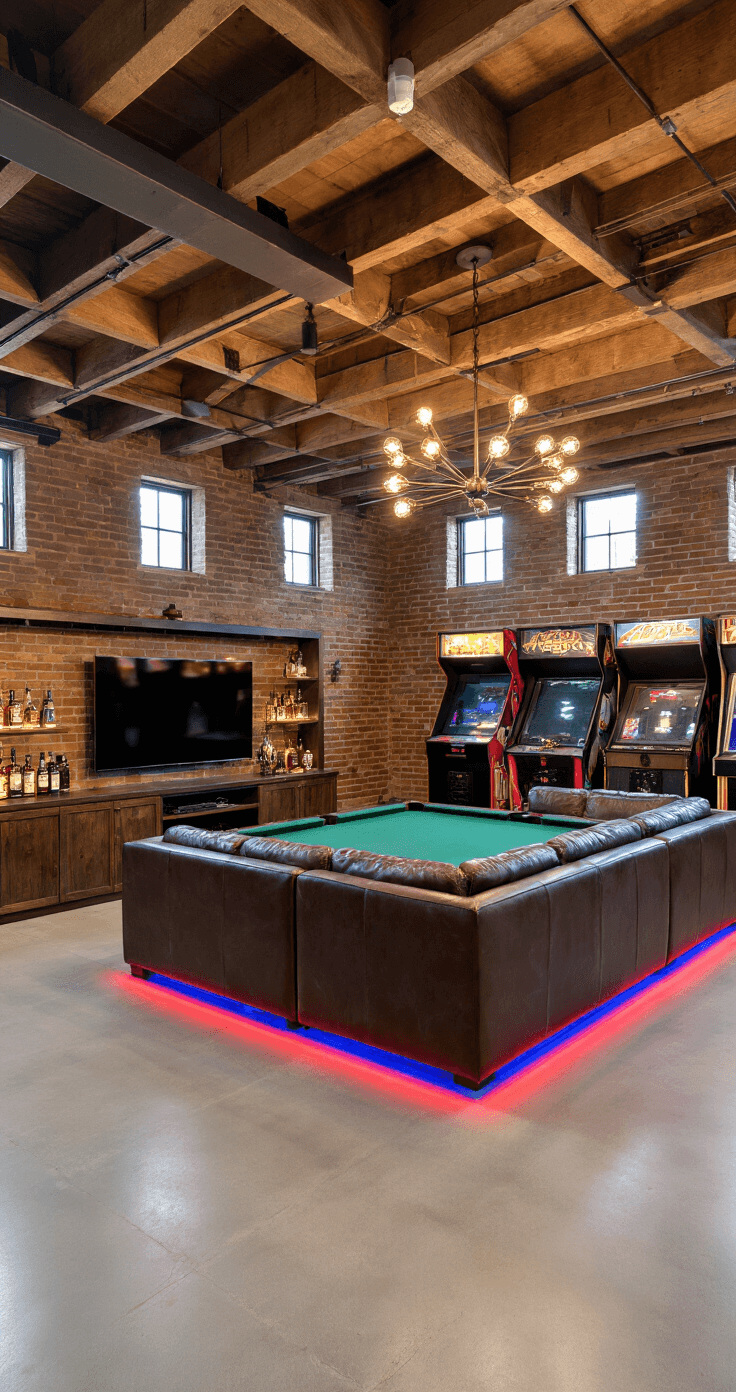 A spacious basement game room with exposed wooden beams and industrial lighting, featuring a large L-shaped leather sectional, a 75-inch flat-screen TV on a rustic brick wall, a custom bar, a green felt pool table, vintage arcade cabinets, and LED strip lighting, all bathed in warm afternoon sunlight.