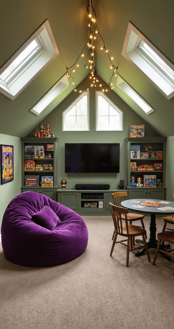 A cozy attic game room featuring slanted ceilings, dormer windows, soft morning light, a purple velvet beanbag chair, a wall-mounted TV, built-in bookshelves filled with games and figurines, a small round table with vintage chairs, string lights, and sage green walls adorned with retro game posters.
