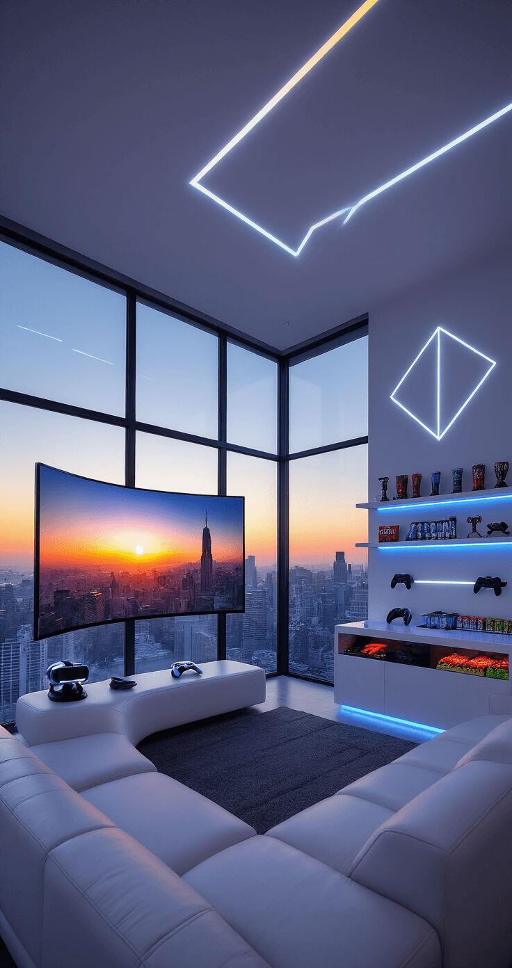 A modern game room featuring floor-to-ceiling windows with a city skyline view at dusk, illuminated by sunset orange and cool blue LED lights. It includes a curved white leather sectional facing a large curved OLED TV, a state-of-the-art VR setup, a glossy white bar with RGB lighting, and minimalist floating shelves displaying trophies and controllers, all against stark white walls with geometric projections.