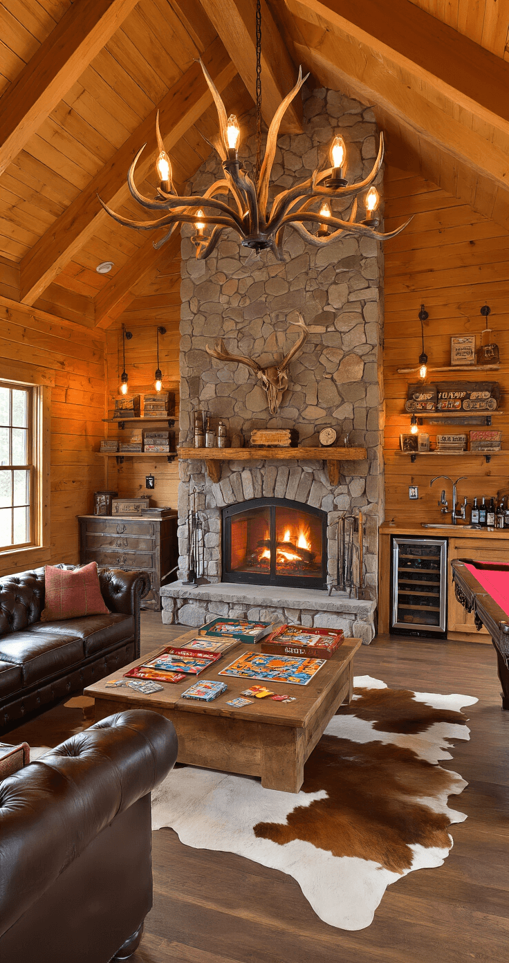 A cozy rustic cabin game room with knotty pine walls, a stone fireplace, a leather Chesterfield sofa, a vintage pool table, and a warm glow from Edison bulbs and antler chandeliers.