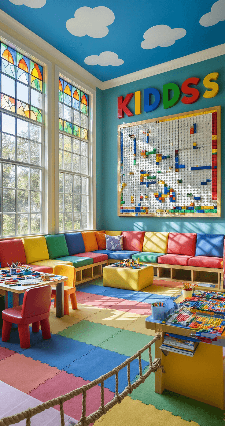 A vibrant kids' game room featuring bold primary colors, sunlight streaming through stained-glass windows, a floor-to-ceiling LEGO station, a large magnetic scrabble board, a modular sofa, crayon-shaped chairs at a crafting table, a ceiling painted like a blue sky, a rope bridge to a treehouse reading nook, and rainbow-patterned soft flooring, all captured from a child's eye level.