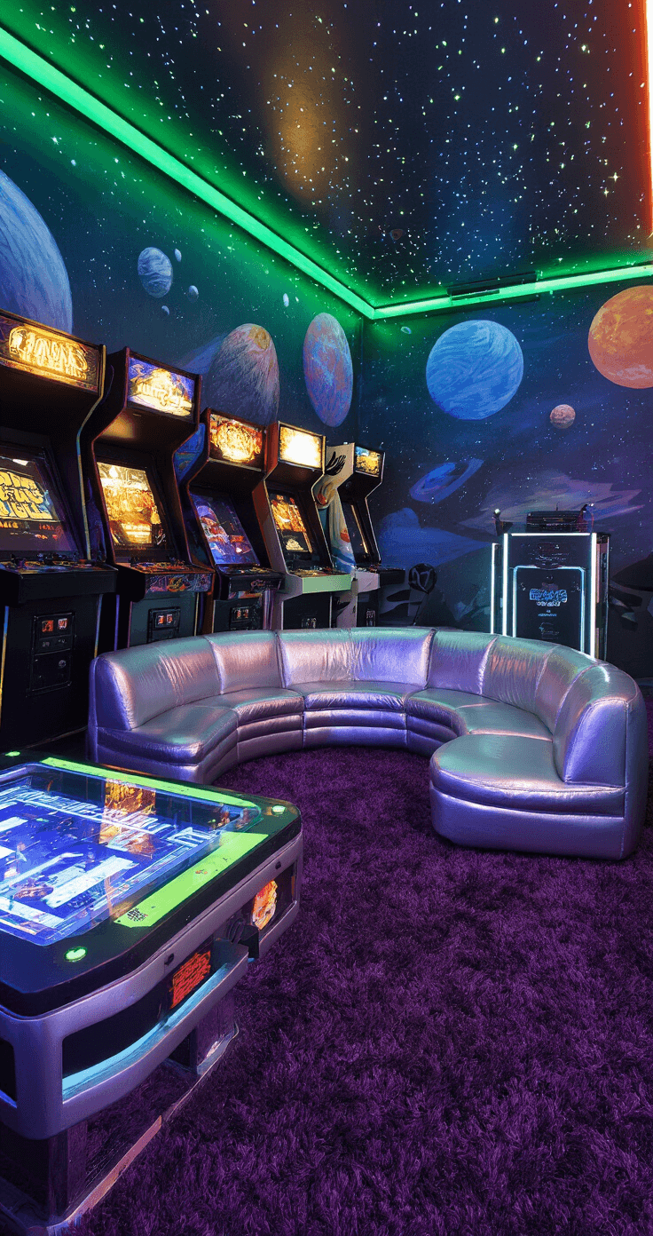 A vibrant retro-futuristic game room with neon lights, space murals, a circular metallic sofa, holo-table gaming surface, arcade cabinets, a DJ booth, fiber optic starfield ceiling, deep purple shag carpeting, and a life-size alien figure at the entrance, all designed to create an immersive 80s sci-fi atmosphere.