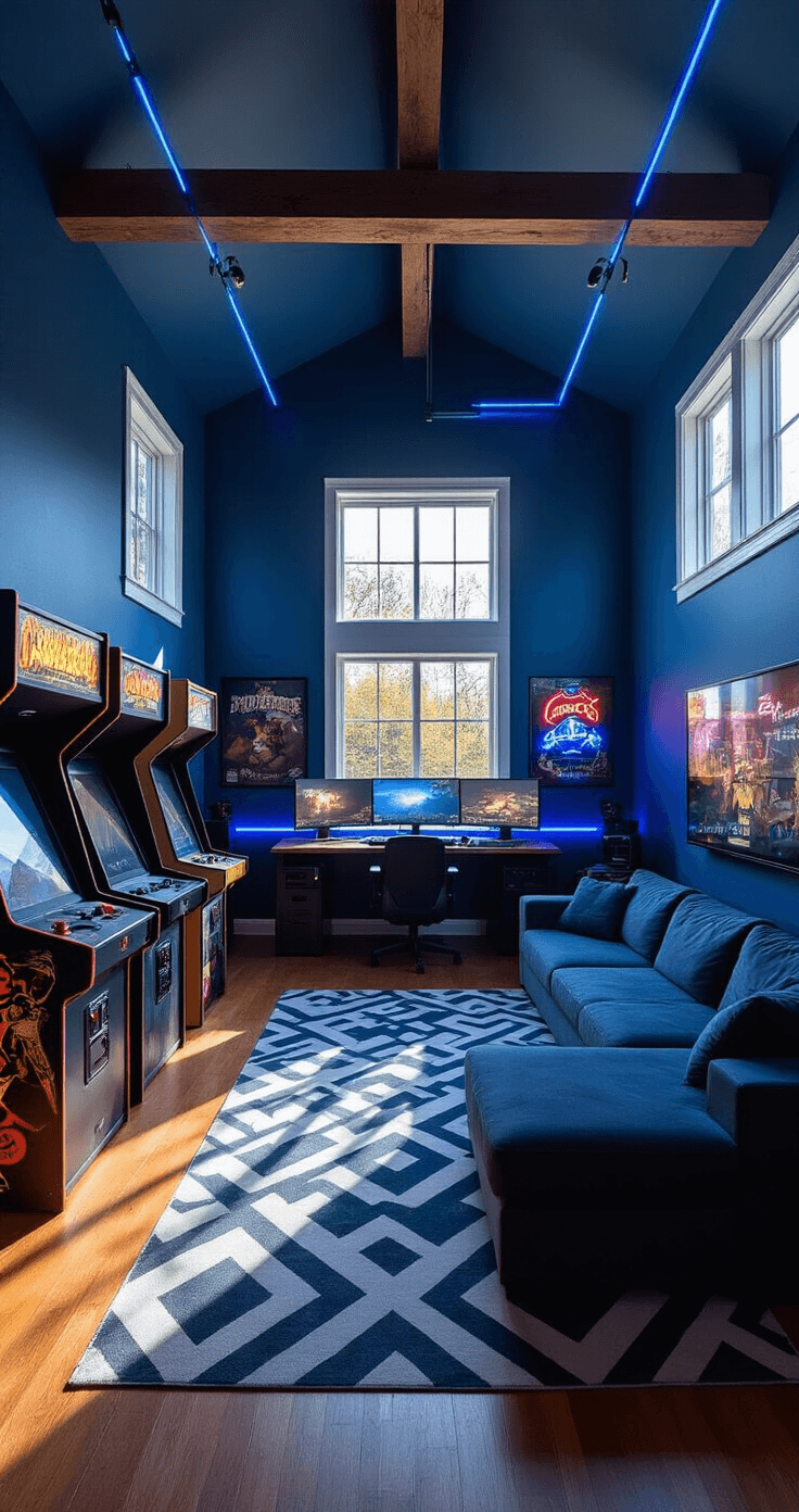 A spacious game room featuring high ceilings with exposed wooden beams, illuminated by warm afternoon sunlight through large windows. The room includes a custom-built PC battle station with triple monitors, vintage arcade cabinets, a plush sectional sofa, and a large flat-screen TV, all against deep blue walls adorned with framed gaming posters and neon signs, creating an exciting and inviting atmosphere.