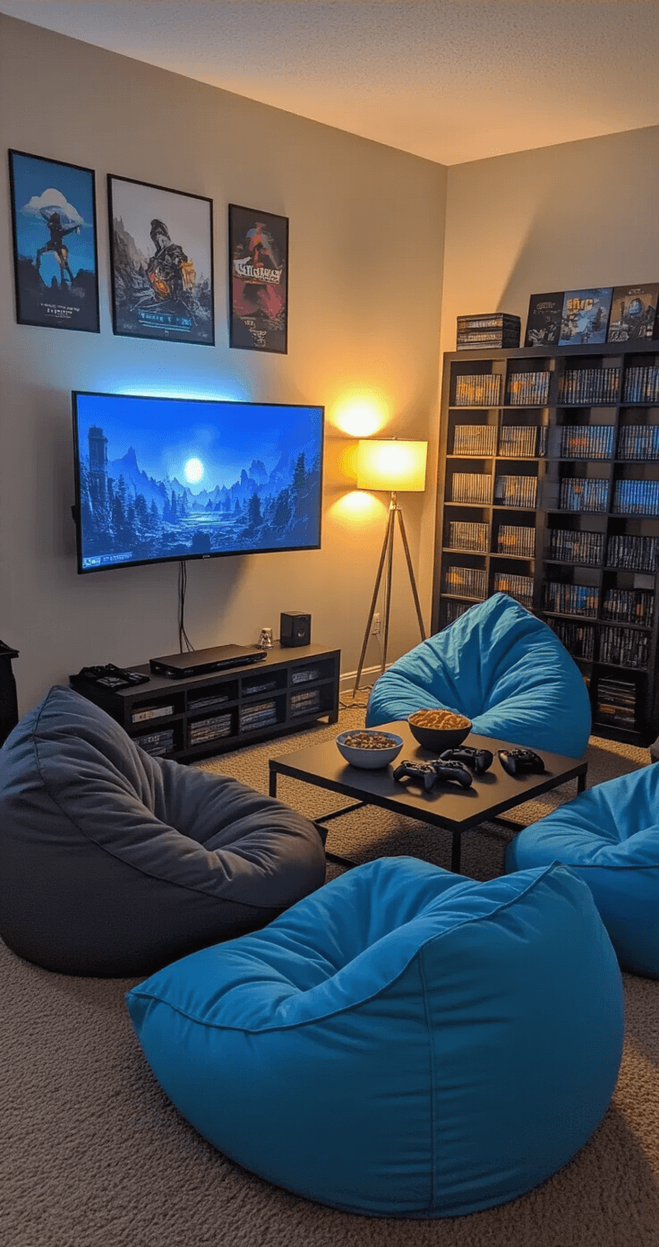 Cozy gaming corner with oversized bean bags in charcoal and electric blue, a curved TV on the wall, a low coffee table with controllers and snacks, minimalist gaming art prints, and a tall bookshelf, all bathed in warm evening light with subtle blue accents.