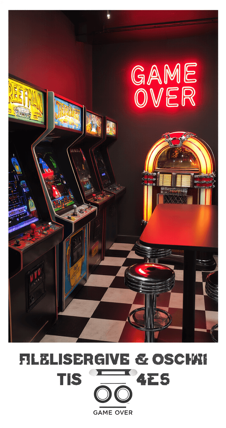 A nostalgic arcade scene featuring restored vintage cabinets of Pac-Man, Street Fighter II, and Galaga, illuminated marquees, a red glowing 'GAME OVER' neon sign, a retro jukebox, and chrome bar stools on a black and white checkered tiled floor, captured from a low angle.