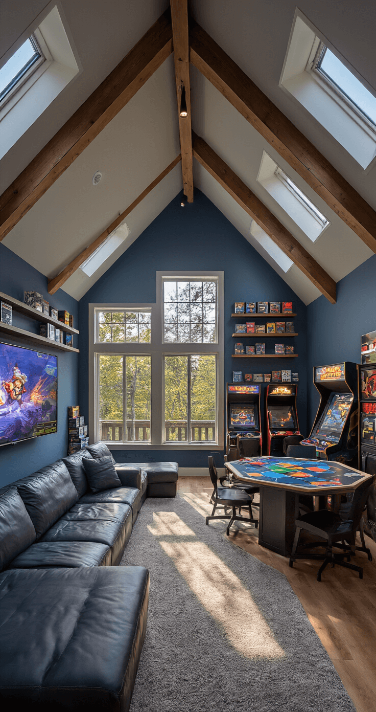 A spacious game room featuring vaulted ceilings and exposed wooden beams, divided into a console gaming area, tabletop gaming corner, and retro arcade nook, with warm sunlight filtering through large windows and colorful game collectibles on floating shelves.