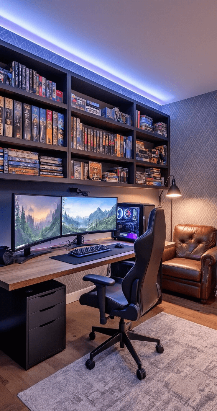 A cozy game room featuring a custom gaming desk with a triple monitor setup and ergonomic chair, illuminated by ambient LED lights. Floor-to-ceiling bookshelves are filled with board games and RPG manuals, and a leather armchair reading nook is in the corner, all set against textured geometric wallpaper.