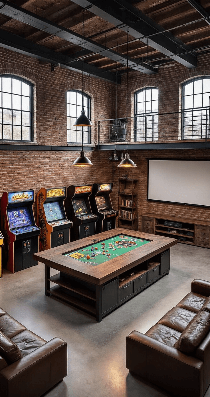 A spacious 25x25ft open-concept game room featuring exposed brick walls, polished concrete floors, and a central island with built-in storage for tabletop games, surrounded by vintage arcade cabinets, leather sofas, and industrial pendant lights, all highlighting an industrial-chic aesthetic.