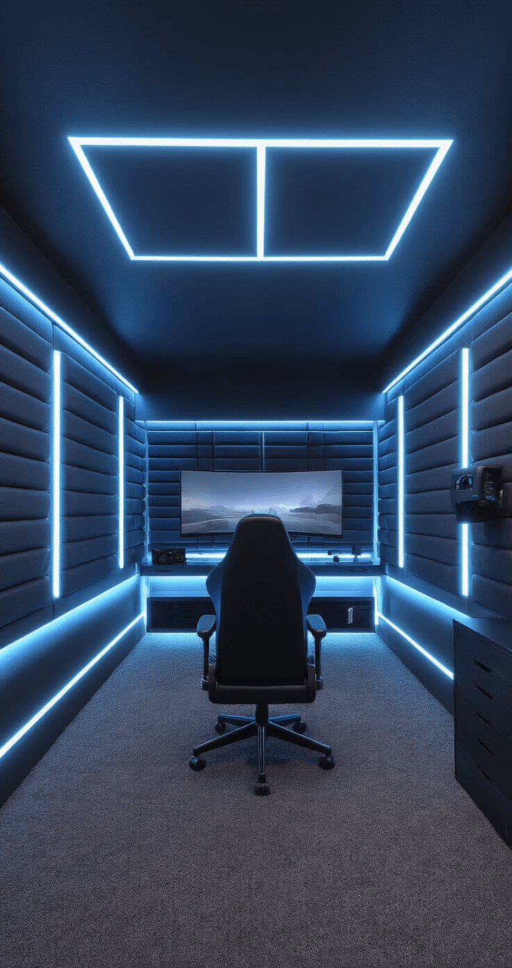 A cozy 12x12ft VR game room with matte black walls, cool blue recessed lighting, clear space for movement, padded walls, and a sleek wall-mounted console, featuring an ergonomic gaming chair and a large curved monitor.