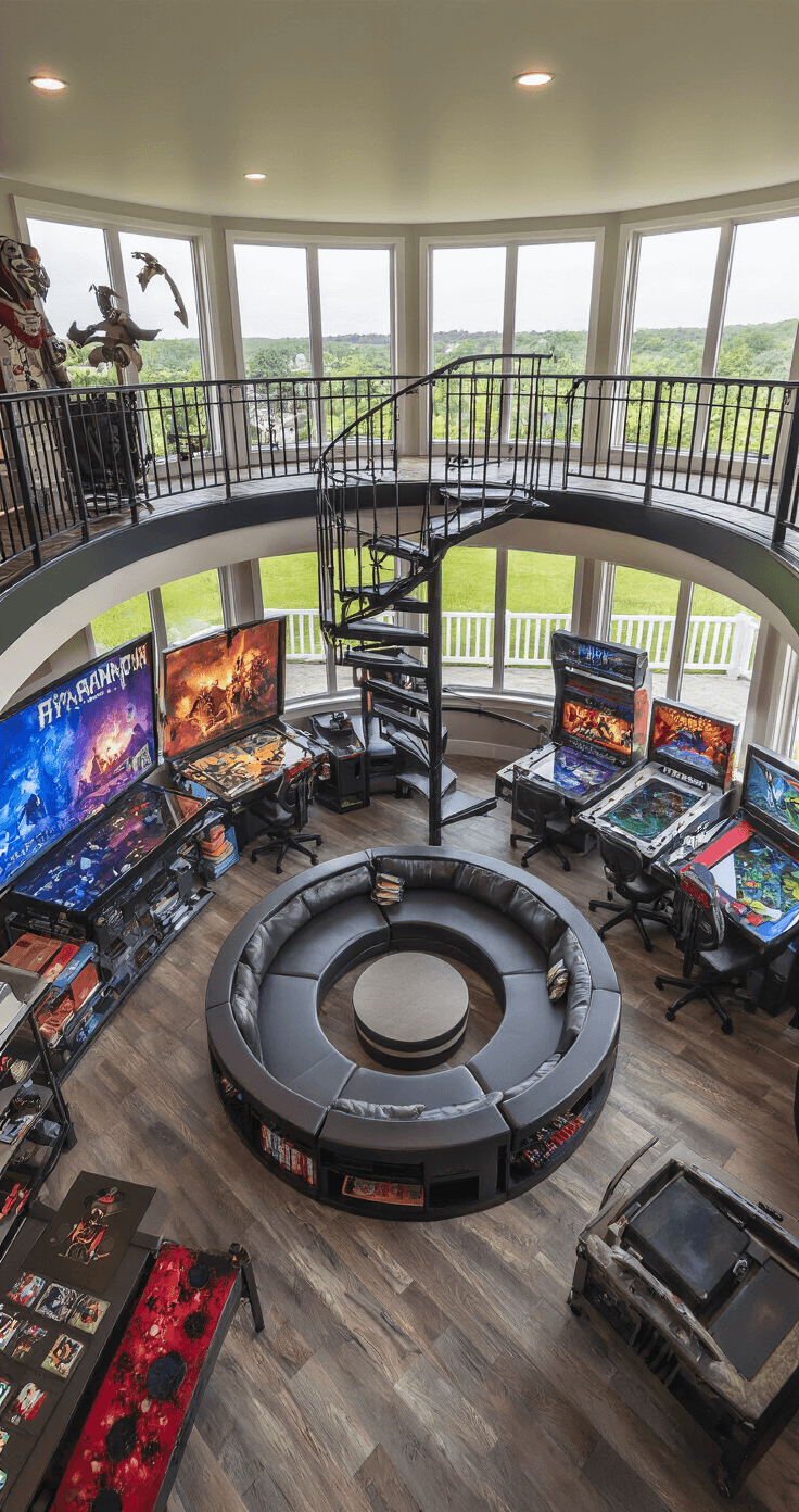 A vibrant 30x30ft game room with a split-level design featuring a sunken conversation pit with circular seating below and themed gaming stations above, connected by a spiral staircase adorned with gaming memorabilia, illuminated by floor-to-ceiling windows with smart glass.