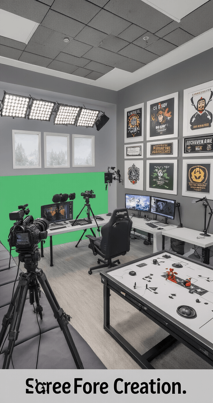 A professional-grade streaming game room featuring a multi-camera setup, adjustable lighting, a green screen, framed fan art, a modular gaming table, and sound-absorbing panels, designed in white and light grey with brand color accents.