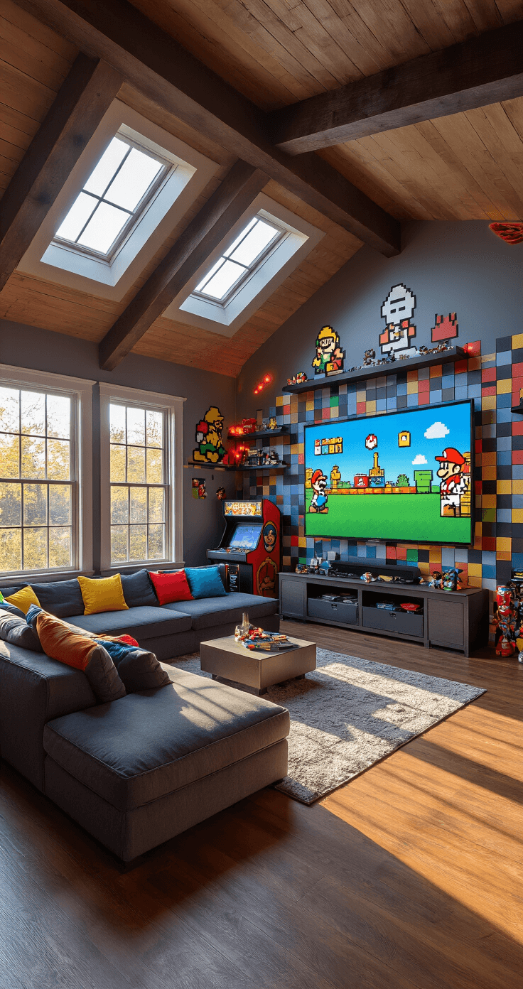 A spacious game room featuring vaulted ceilings, a large curved TV on a pixelated Mario wallpaper wall, a charcoal gray L-shaped sectional with gaming-themed pillows, RGB LED strips, floating shelves with retro consoles, a vintage arcade machine, and a Pac-Man maze area rug, all illuminated by late afternoon sunlight.