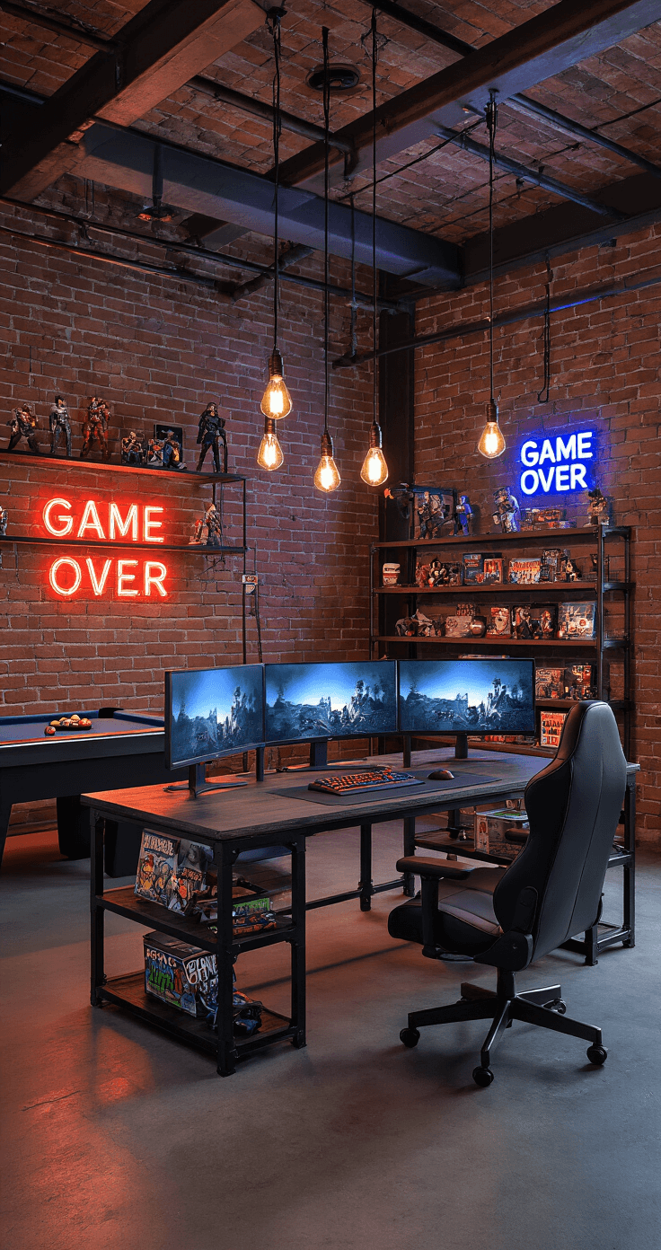 An industrial-style game room featuring high ceilings, exposed brick walls, and warm Edison bulb lighting. A custom gaming desk with ultrawide monitors and a black leather chair is central, surrounded by neon signs and a modern pool table. Metal shelving displays collectibles, creating a cool, edgy atmosphere.