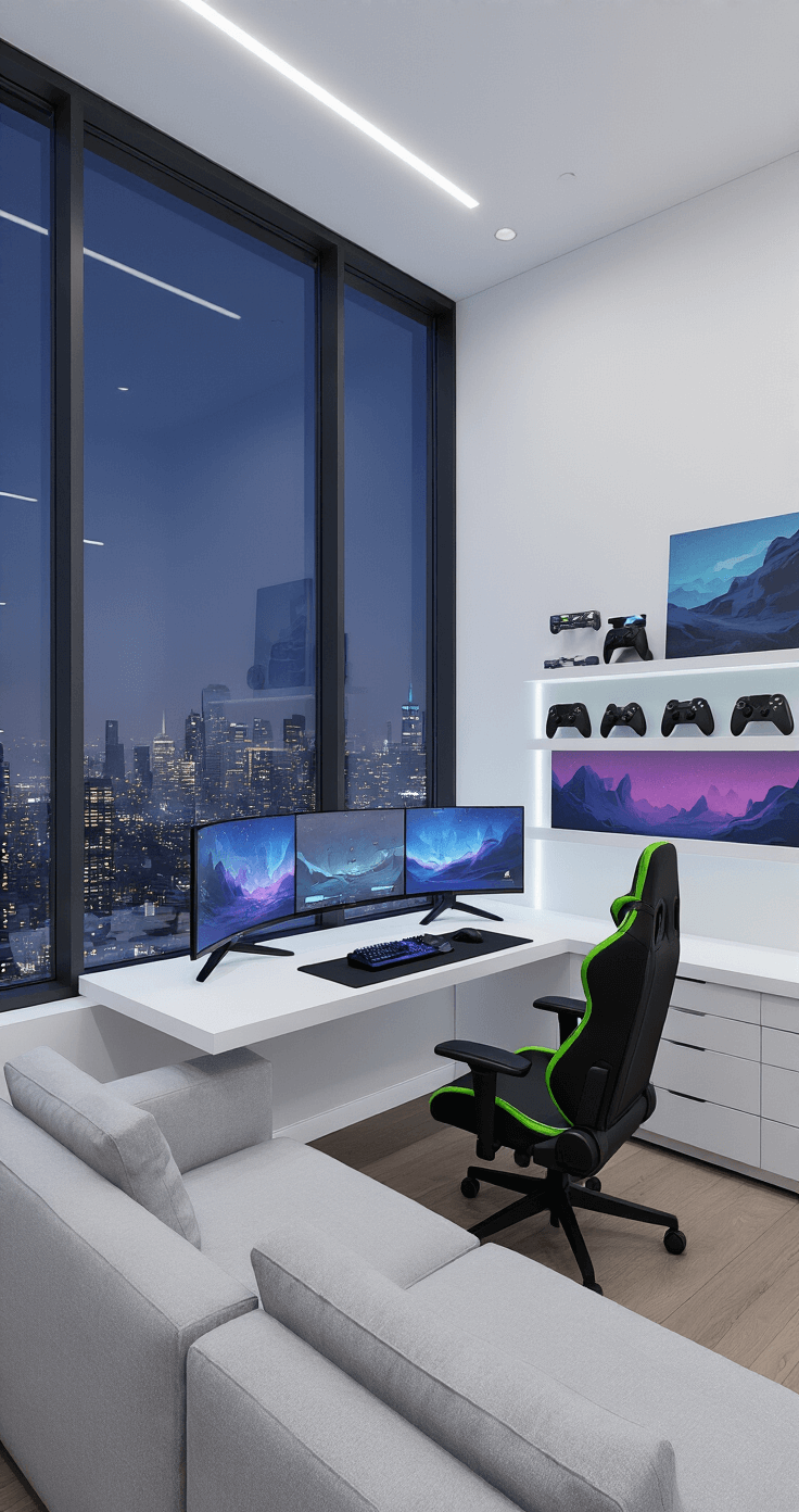 A modern minimalist game room with floor-to-ceiling windows showcasing a city skyline at night, featuring a sleek gaming station with dual curved monitors, a floating white desk, a high-tech black and neon green gaming chair, and a light gray modular sofa. The walls are white with one displaying a large abstract mural in blue and purple. Floating shelves hold limited edition controllers and gaming awards, while the polished concrete floor reflects the glow of screens and city lights, creating a futuristic atmosphere.