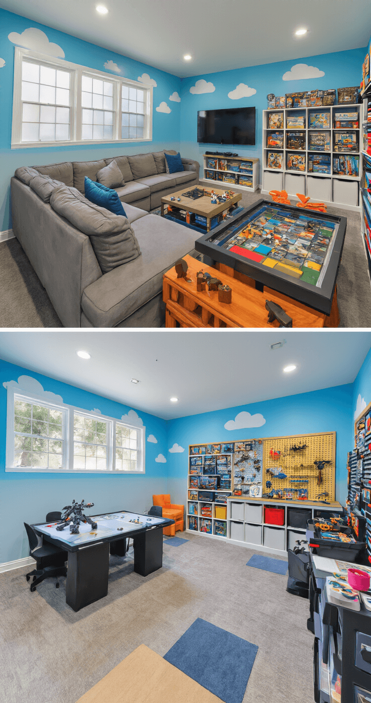 A vibrant family-friendly game room in a converted garage, showcasing designated areas for console gaming, tabletop games, VR activities, and crafting, all under cheerful sky blue walls with cloud motifs and bright lighting.
