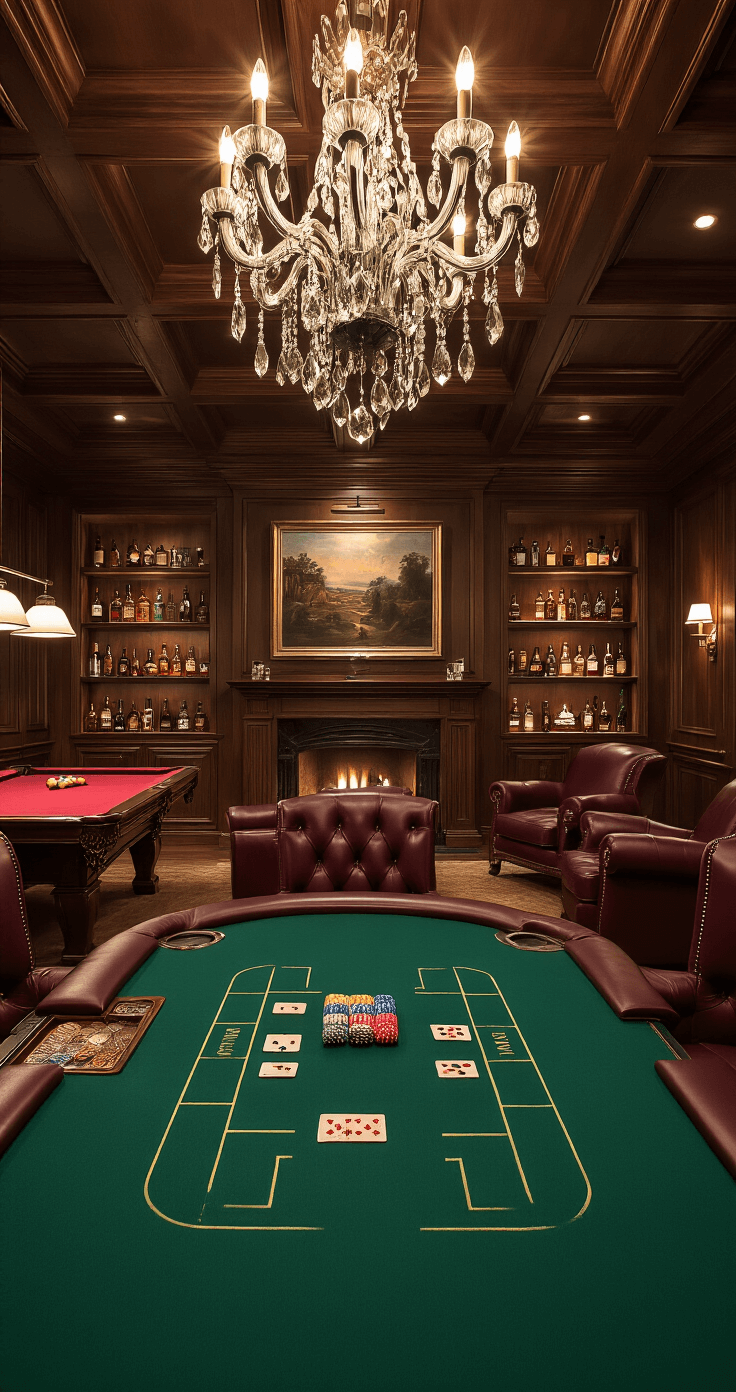 An elegant game room featuring dark wood paneling, coffered ceiling, and mood lighting from a grand chandelier. A custom green-felt poker table with leather armrests is surrounded by burgundy high-back chairs. One wall houses a stocked bar with backlit shelves, while a billiards table is at one end and a seating area with leather armchairs faces a fireplace. An oil painting of dogs playing poker hangs above the mantle, and plush oriental rugs cover the hardwood floors. Dramatic lighting creates warm pools of light and deep shadows, enhancing the luxurious atmosphere.