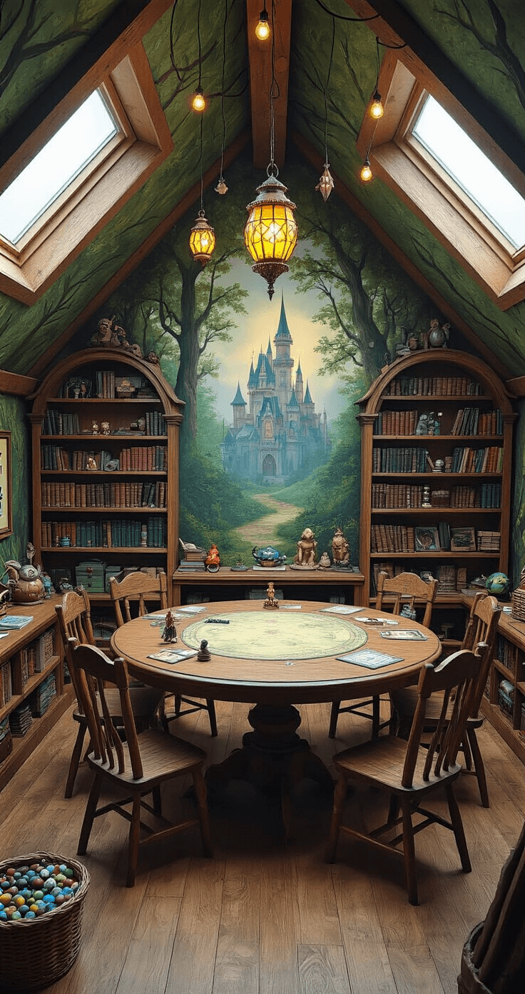 A whimsical attic game room featuring sloped ceilings, dormer windows, and enchanted forest murals, illuminated by natural light and whimsical lanterns, with a large round table, mismatched fairy-tale chairs, shelves filled with gaming materials, a crafting station, and hanging mythical creatures, all set on cozy faux fur rugs.