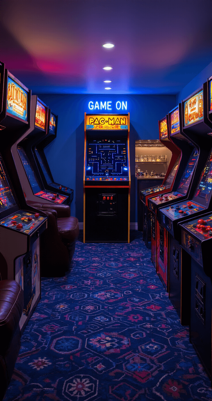 A vibrant arcade room in a spacious basement, featuring a restored Pac-Man machine casting a blue glow, surrounded by diverse arcade cabinets and plush leather gaming chairs, with colorful LED lighting and a neon 'Game On' sign above a wet bar.