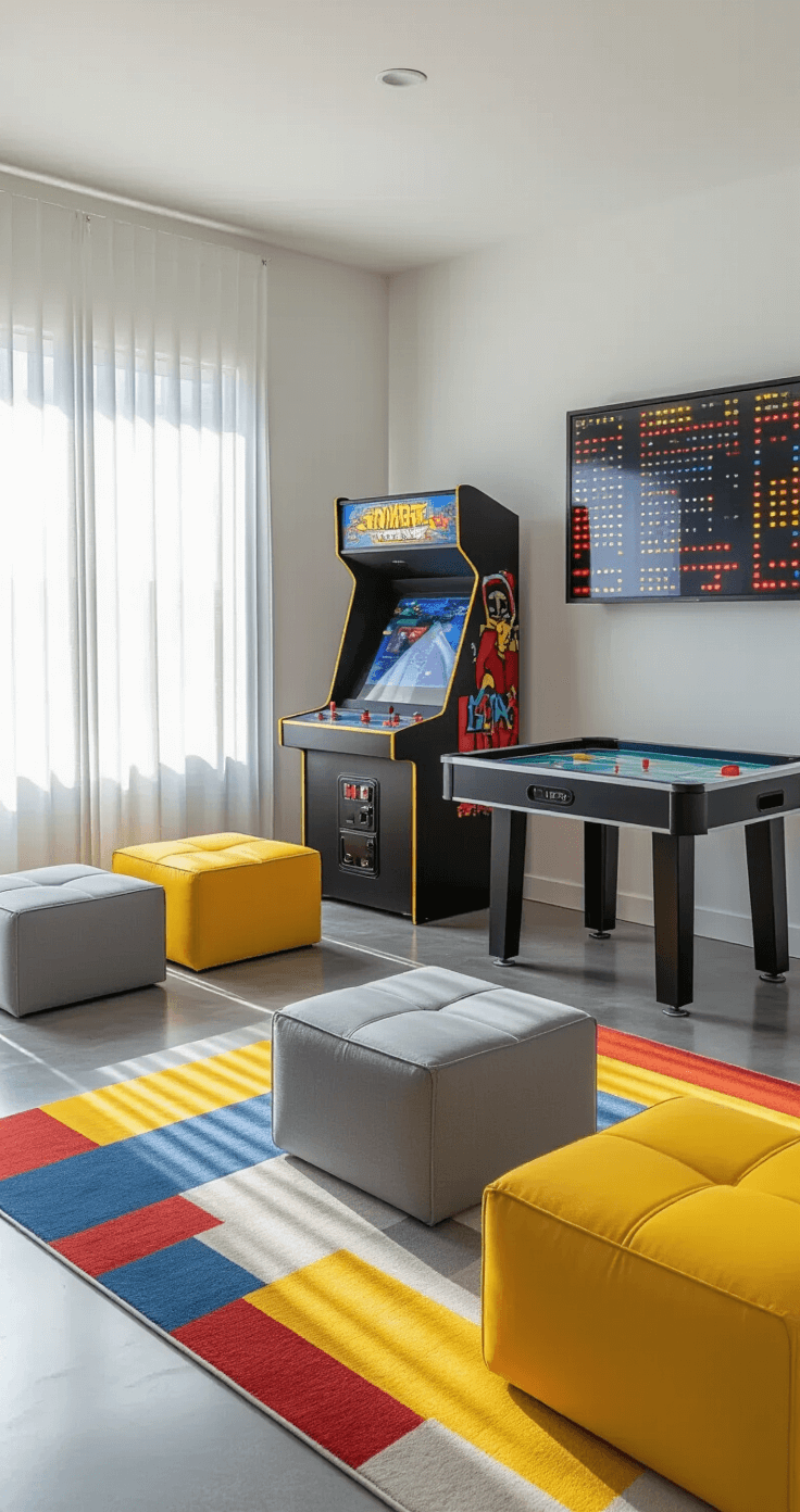 Sun-drenched modern arcade room with sleek multi-game cabinet, air hockey table, and floor-to-ceiling scoreboard, featuring minimalist white walls adorned with pixel art decals and a bold geometric area rug, captured from a high corner angle.