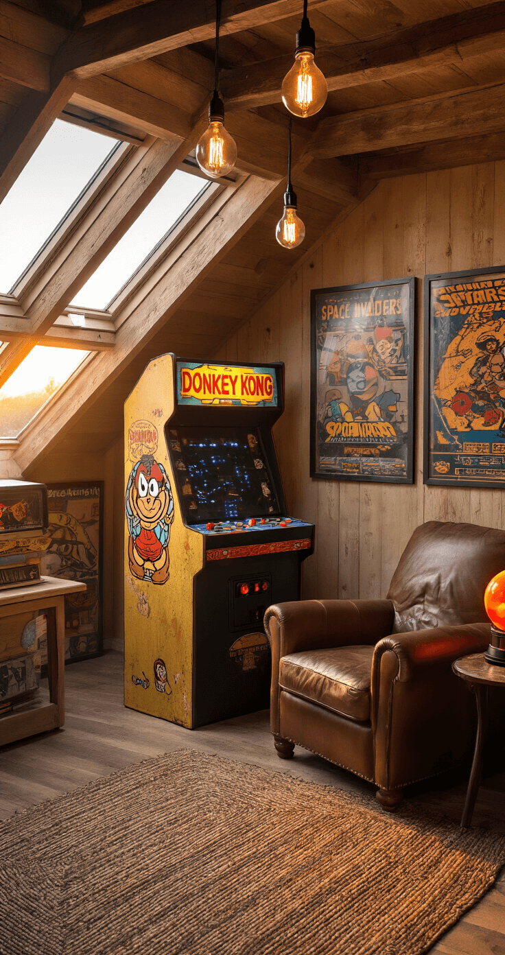Cozy attic nook transformed into a retro arcade, featuring a weathered 'Donkey Kong' cabinet and a 'Space Invaders' machine, bathed in golden hour sunlight filtering through a skylight, with warm Edison bulbs, vintage game posters, a worn leather armchair, and a lava lamp on a small table, all accentuated by exposed wooden beams and an earth-toned braided rug.