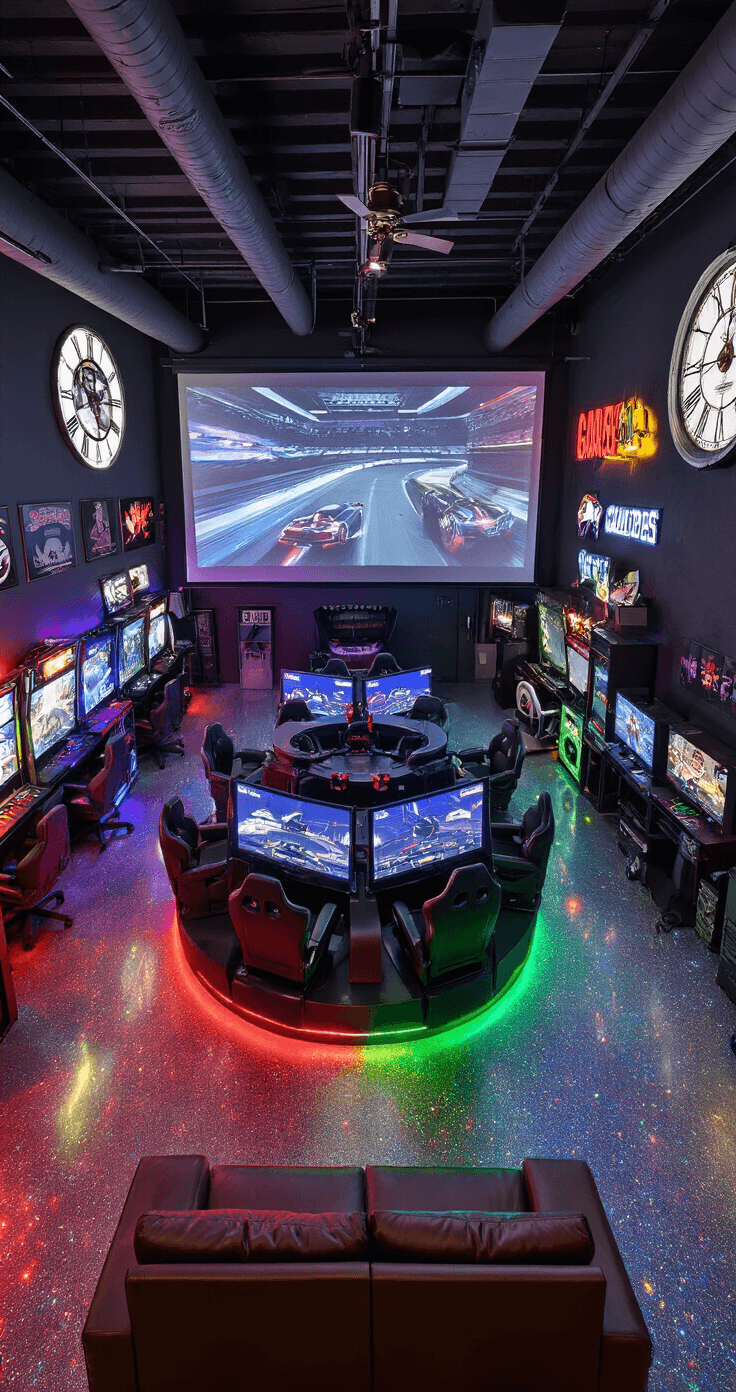 A wide-angle shot of an expansive converted garage gaming arena featuring dramatic RGB lighting, a circular setup of 6 racing game stations, a variety of fighting and shooter games lining the perimeter, and a large projection screen for tournaments, all under an industrial ceiling with exposed ductwork, reflecting colorful lights on an epoxy floor with glitter flakes, and a leather sectional sofa for spectators.