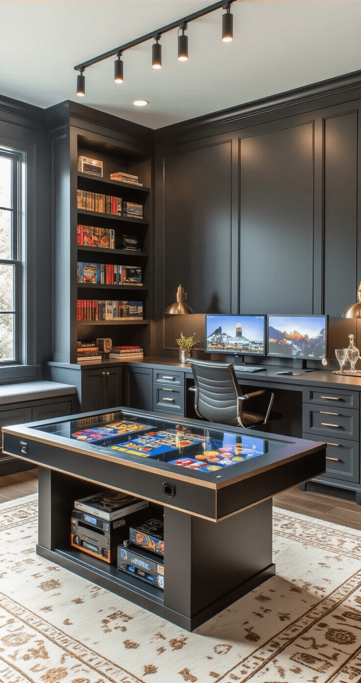 Chic home office and arcade space featuring a custom arcade cocktail table with glass top, dual monitors on a sleek desk, and elegant bookshelves in a modern, light-filled room with charcoal gray walls and plush cream and gold rug.