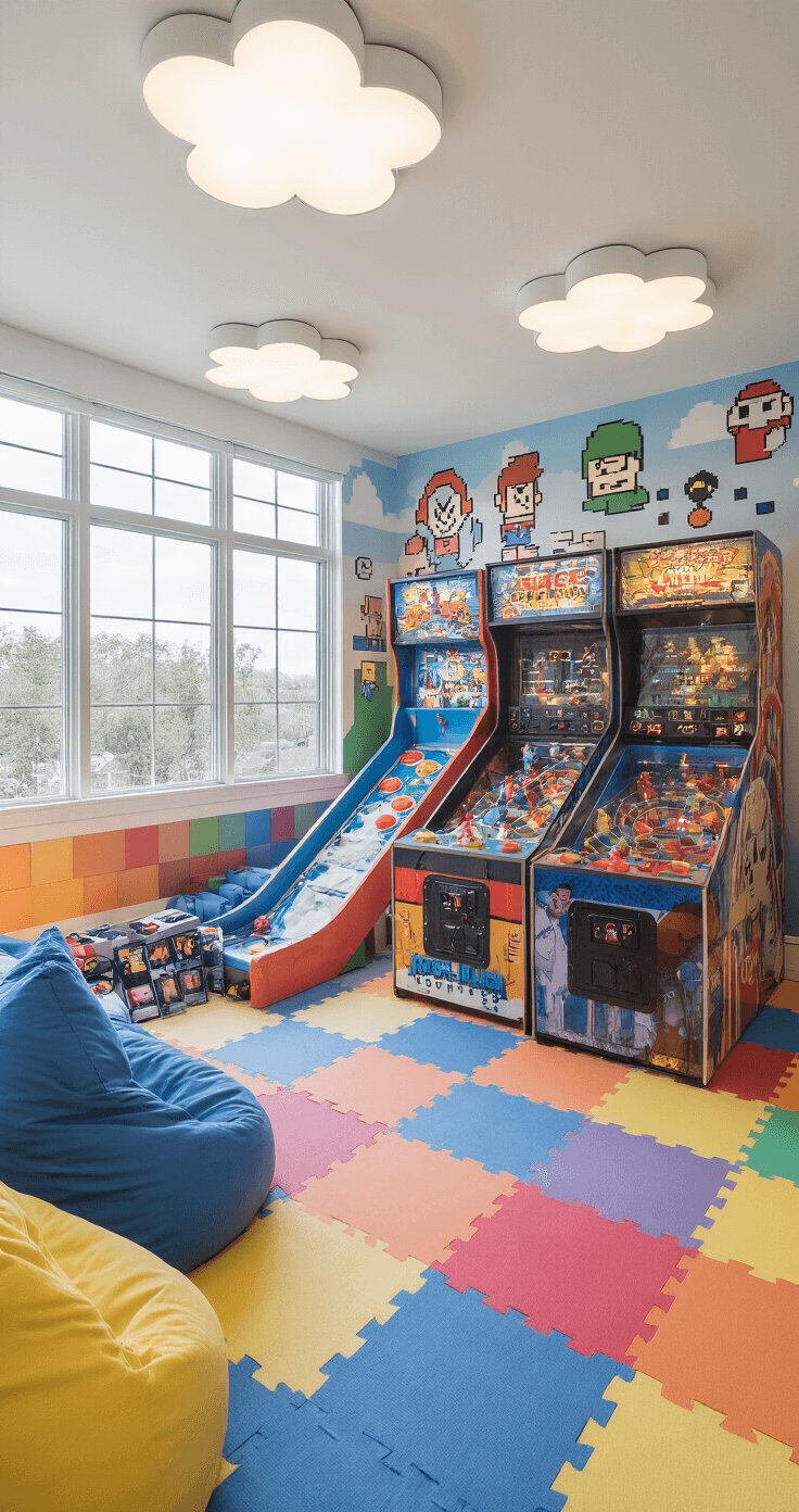 A vibrant kids' playroom featuring a 'Wreck-It Ralph' themed multi-game cabinet, colorful foam floor tiles, a skee-ball lane, and a basketball hoop game, illuminated by cloud-shaped fixtures and large windows, with a wall mural of video game characters, cozy beanbag chairs, and a small stage for dance games, all captured from a child's eye level.