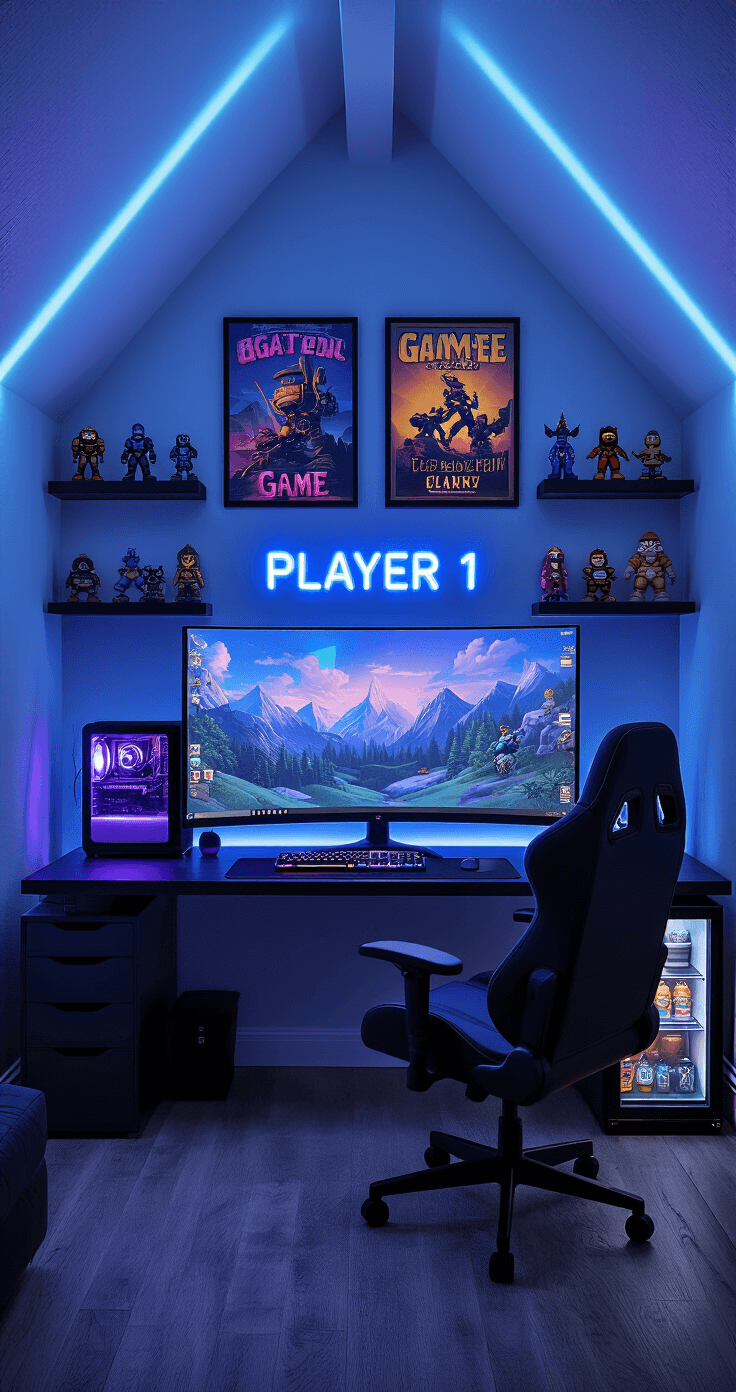 A futuristic gaming room featuring a curved ultrawide monitor on a black desk, soft blue LED lighting, and a neon sign that reads 'Player 1', with colorful game figurines on floating shelves and framed vintage game posters on the walls. A plush gaming chair faces the setup, with a softly glowing mini-fridge in the corner, all bathed in deep blue and neon purple hues.
