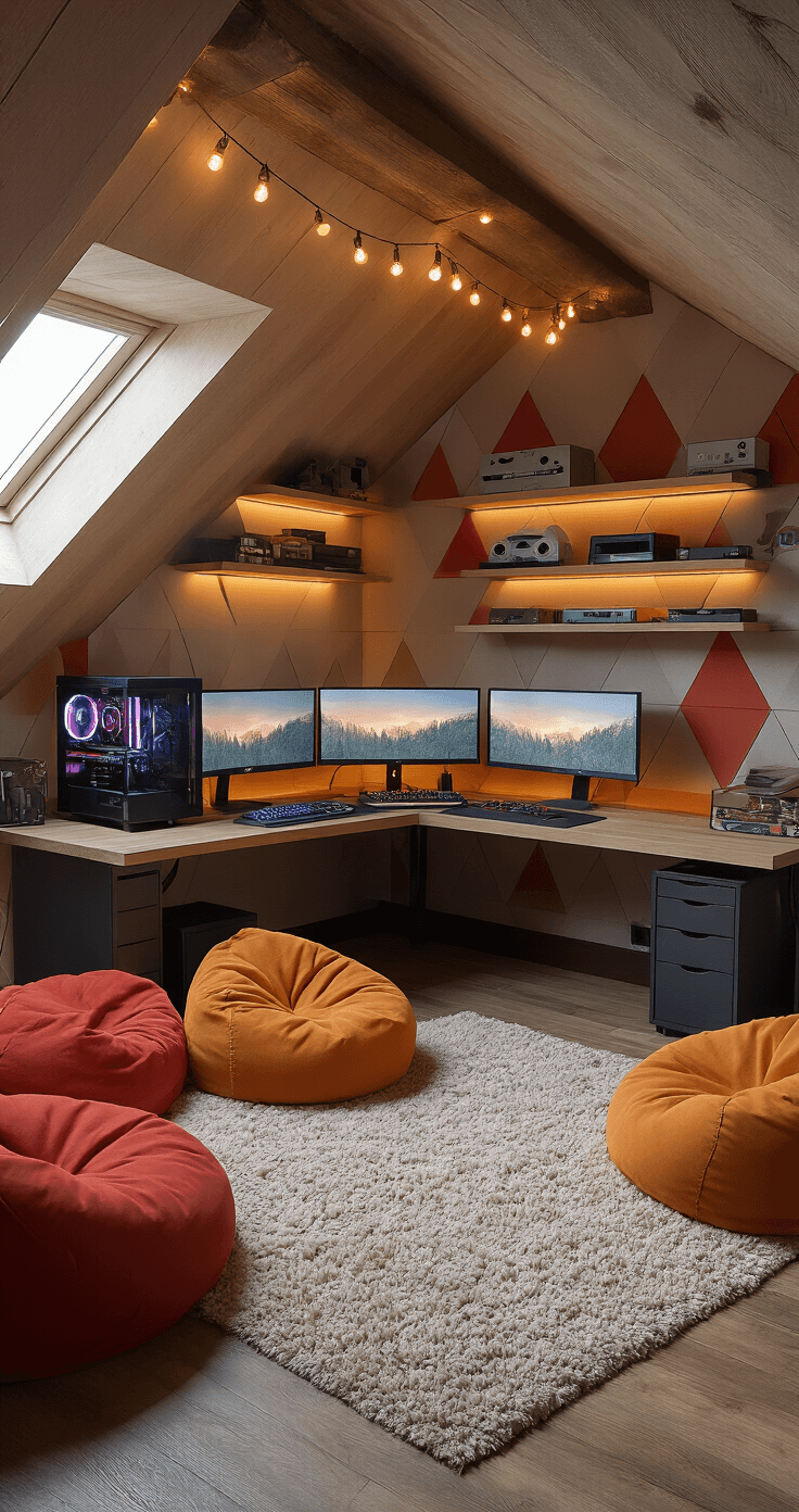 Cozy attic workspace with slanted ceilings, featuring afternoon sunlight through a skylight, an L-shaped desk with dual monitors and a gaming PC, colorful bean bags, retro console displays, and geometric acoustic panels, all illuminated by string lights in a warm, nostalgic atmosphere.