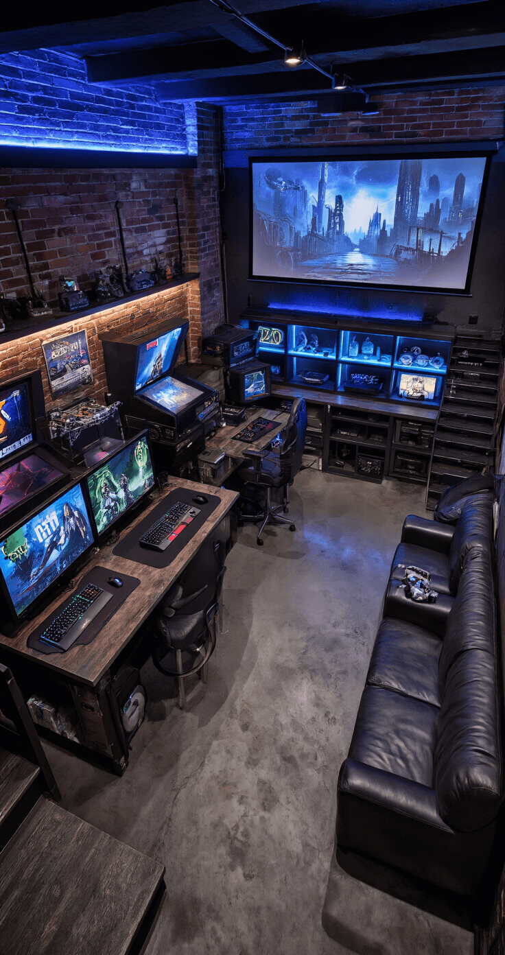 A wide-angle view of a vibrant gaming paradise basement, featuring themed gaming stations, a large projector screen with tiered seating, an LED-lit bar area, and exposed brick walls, adorned with polished concrete floors and leather seating, all under dim, accent lighting in deep greys, electric blues, and acid greens.