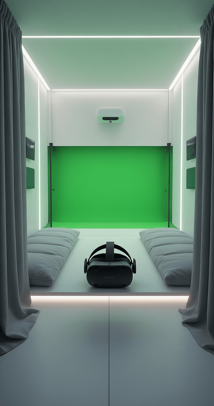 A compact VR gaming room featuring padded walls, a sleek headset on a minimalist charging station, a green screen for streaming, and indirect LED lighting, all bathed in soft morning light filtering through blackout curtains, with smooth surfaces and rubber flooring.