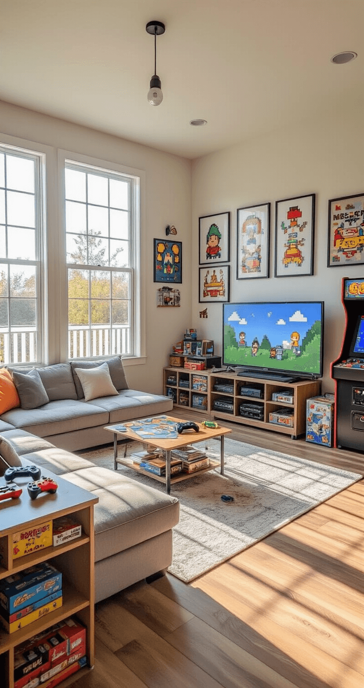 A bright and airy family-friendly gaming space featuring a modular sofa, large TV, retro arcade cabinet, and craft table, with pastel and primary colors, framed pixel art, and board games displayed on open shelves, illuminated by mid-morning sunlight.