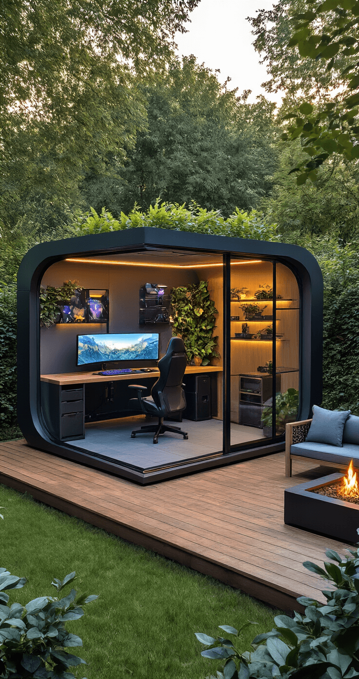 A stylish outdoor gaming pod with glass walls, nestled in a lush backyard, featuring a cutting-edge gaming setup, surrounded by a deck with weather-resistant seating, a fire pit, and adorned with living plants and LED lighting, all captured in golden hour light from a drone's perspective.