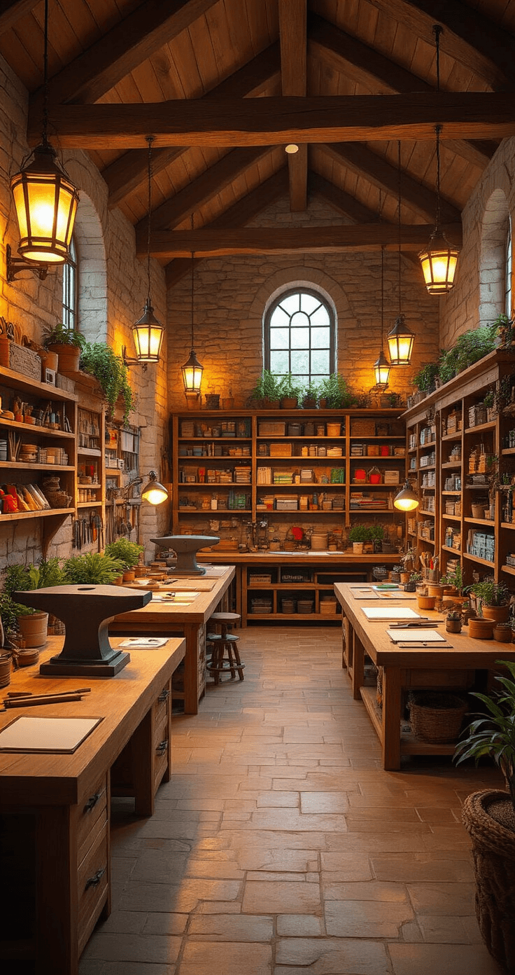 A spacious crafting room with warm lantern light, exposed wooden beams, and stone brick walls, featuring multiple crafting tables, anvils, colorful materials on shelving units, a large workbench island for current projects, and potted plants, all captured from a slightly elevated angle.