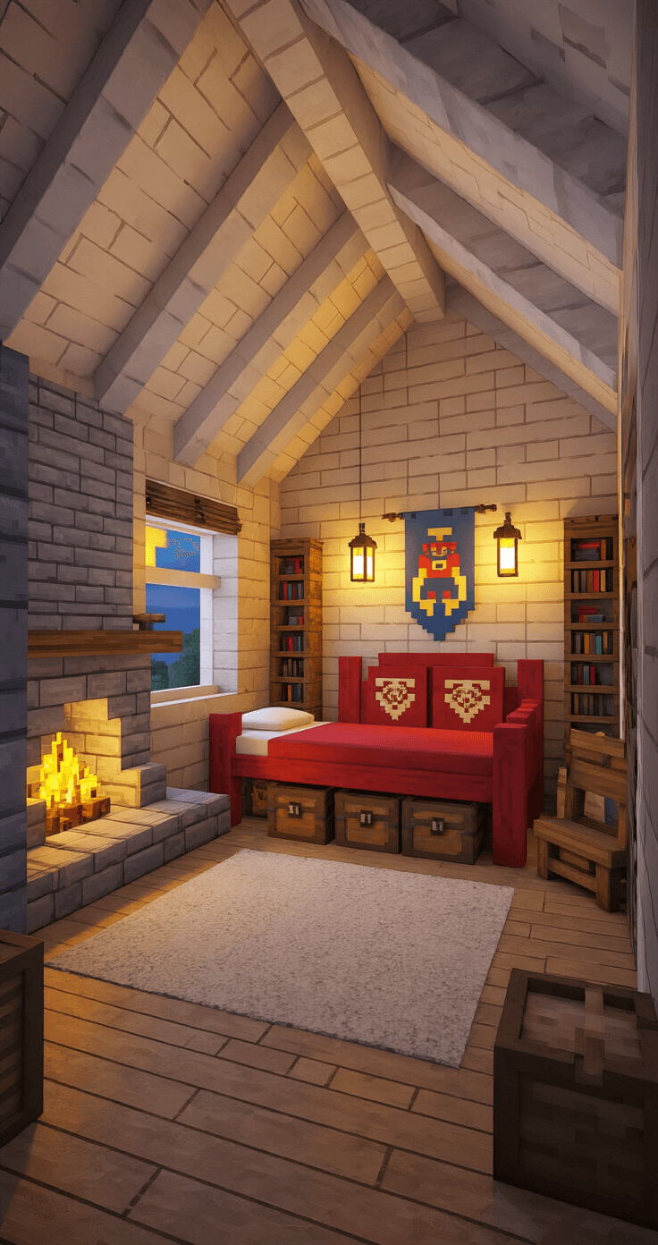 A cozy Minecraft bedroom featuring a vaulted ceiling, soft glowstone lighting, a red bed with banners, chests, a cobblestone fireplace, a reading nook with bookshelves, and a trapdoor beneath a rug, captured from a low angle near the doorway.