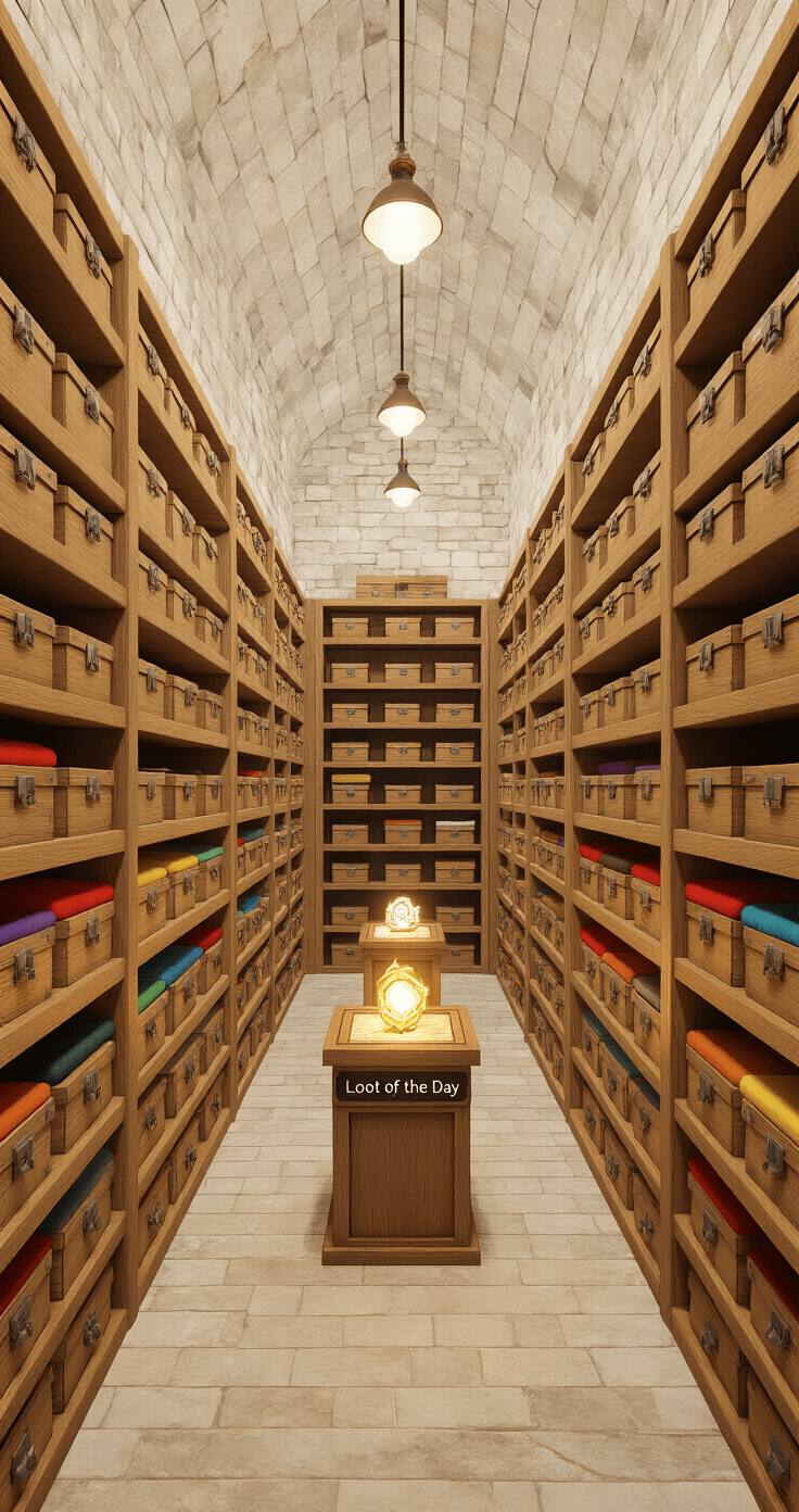 Spacious storage room with high ceilings, featuring rows of organized oak chests topped with colorful wool blocks and labeled with item frames, a central pedestal displaying a glowing enchanted item, all illuminated by soft redstone lamps.