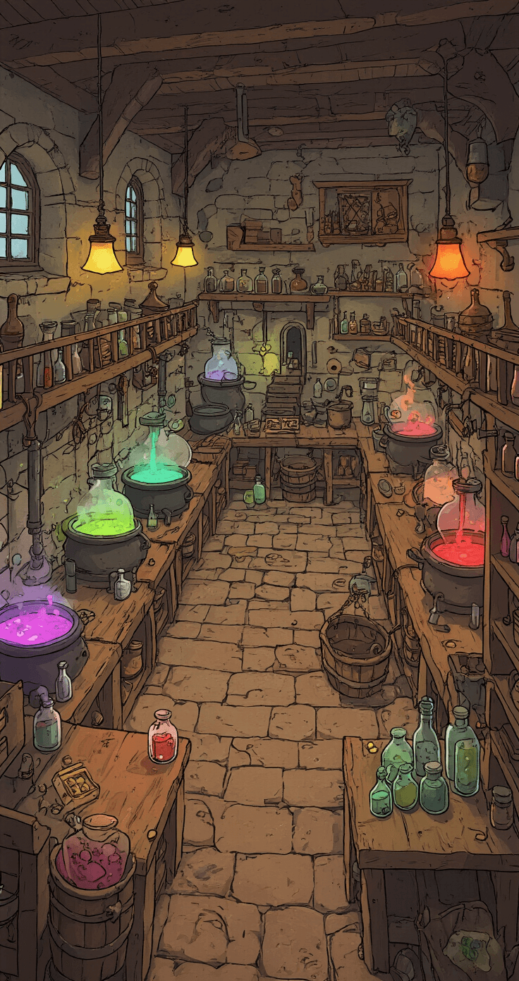 A vibrant brewing room filled with colorful brewing stands, bubbling cauldrons, and shelves stocked with strange ingredients, illuminated by shifting redstone-powered lamps, creating an energetic alchemical atmosphere.