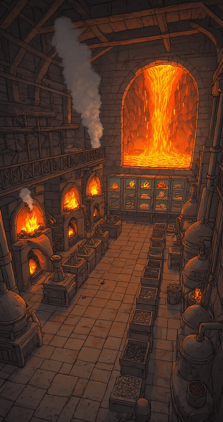An industrial smelting room filled with rows of furnaces and blast furnaces, illuminated by flickering orange flames. An automated hopper system feeds materials, while a cooling area displays freshly smelted ingots. Behind a thick glass wall, a lava fall adds light and ambiance, with steam particles rising from surfaces. The camera captures the room's efficient layout at chest height.
