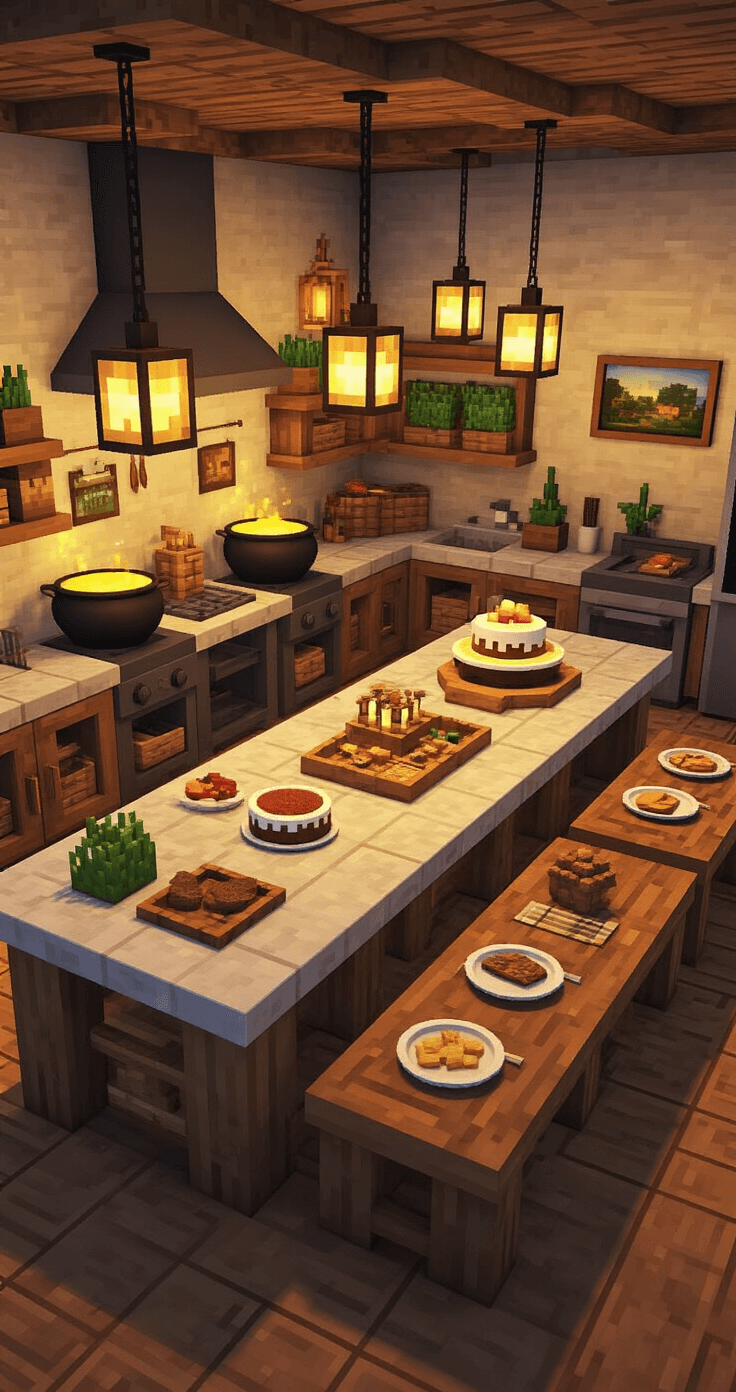 A cozy Minecraft kitchen and dining area with cauldron sinks, smokers, a quartz cake display, and an oak dining table set with item-frame plates, illuminated by lanterns and adorned with potted plants and paintings.