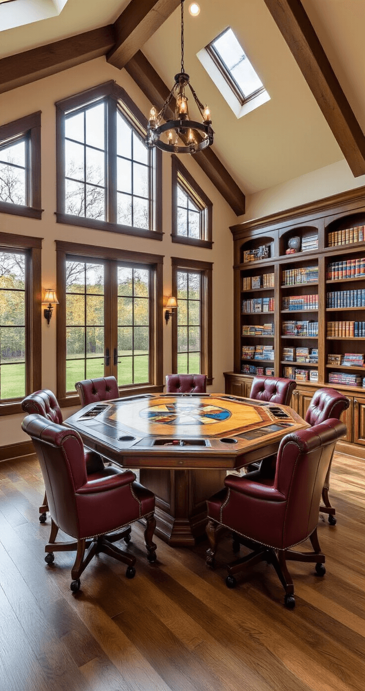 A spacious game room featuring vaulted ceilings, an octagonal gaming table with inlaid wood designs, plush burgundy leather chairs, and walls filled with organized board games, all illuminated by warm afternoon sunlight.