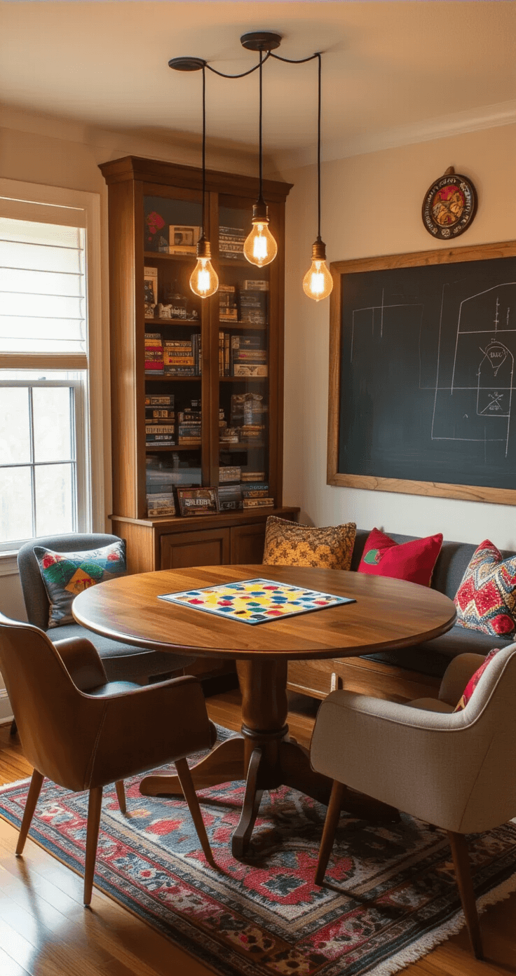 A cozy game nook featuring a round walnut table set for Catan, surrounded by mismatched chairs and floor cushions, illuminated by soft Edison pendant lights, with built-in display cabinets of games and a large chalkboard scoreboard on the wall.