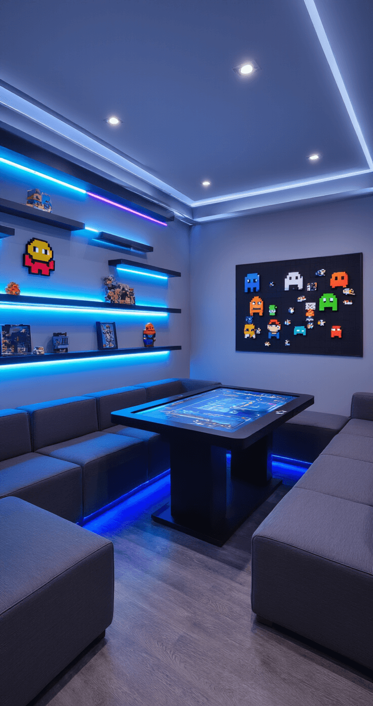 A modern game room featuring a gaming table with a digital surface, modular charcoal grey seating, recessed blue LED lighting, RGB shelf lighting, a floor-to-ceiling magnetic board, and framed pixel art, captured from a high corner angle.