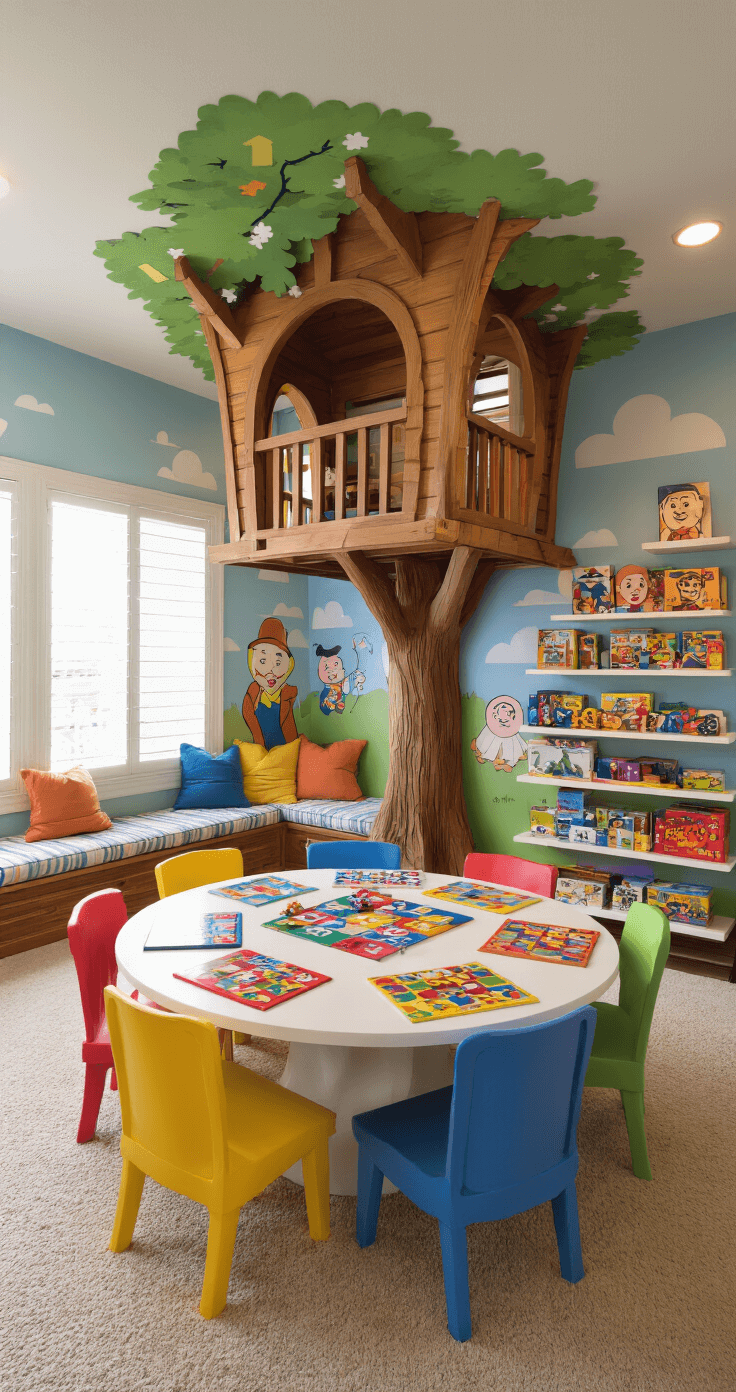A whimsical family game room featuring a custom tree house loft with a cozy gaming nook, colorful chairs around a large round table set for Candyland, and cartoon-style murals of board game characters on the walls, all under soft, dreamy lighting.