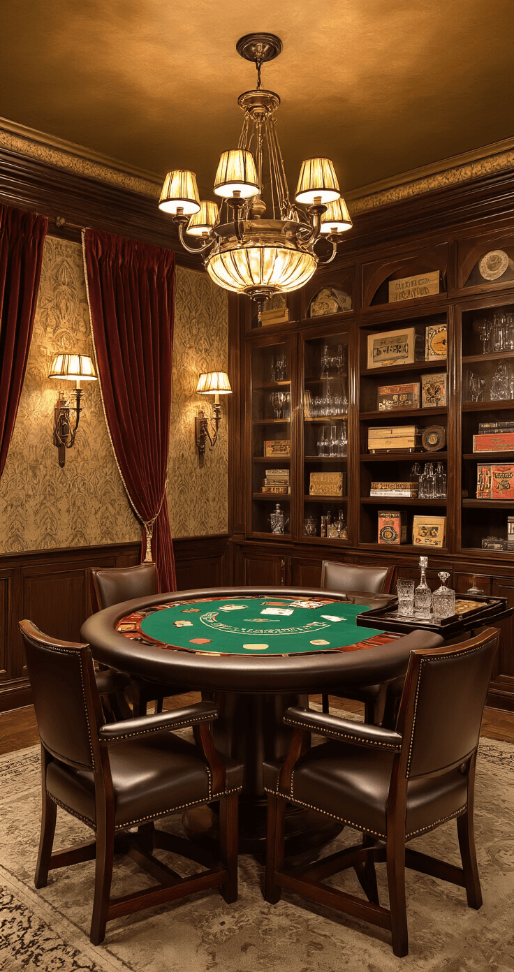 A sophisticated game parlor inspired by 1920s speakeasies, featuring an elegant poker table surrounded by high-backed mahogany chairs, warm amber lighting, vintage board games, and a rolling bar cart.
