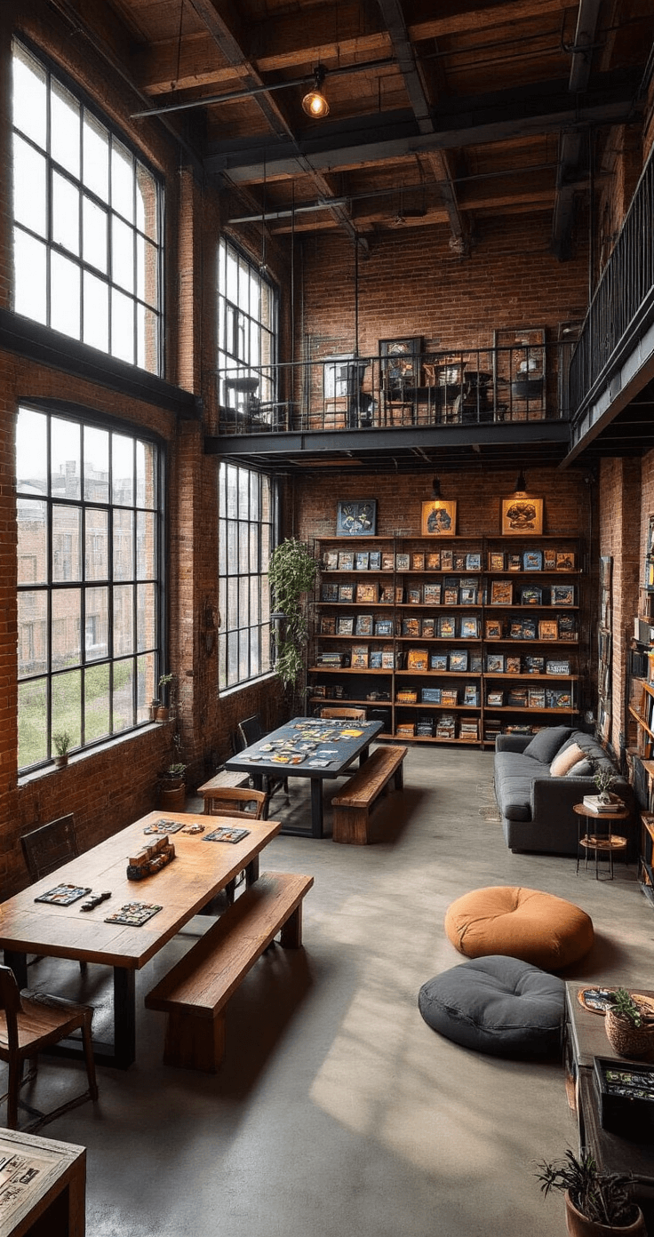 A spacious game loft with industrial-chic design featuring large factory windows, exposed brick walls, and polished concrete floors. The area includes a farmhouse table, cafe-style tables, a lounge with floor cushions, open shelving displaying games, and oversized vintage game pieces for decor, all captured in a wide-angle elevated shot.